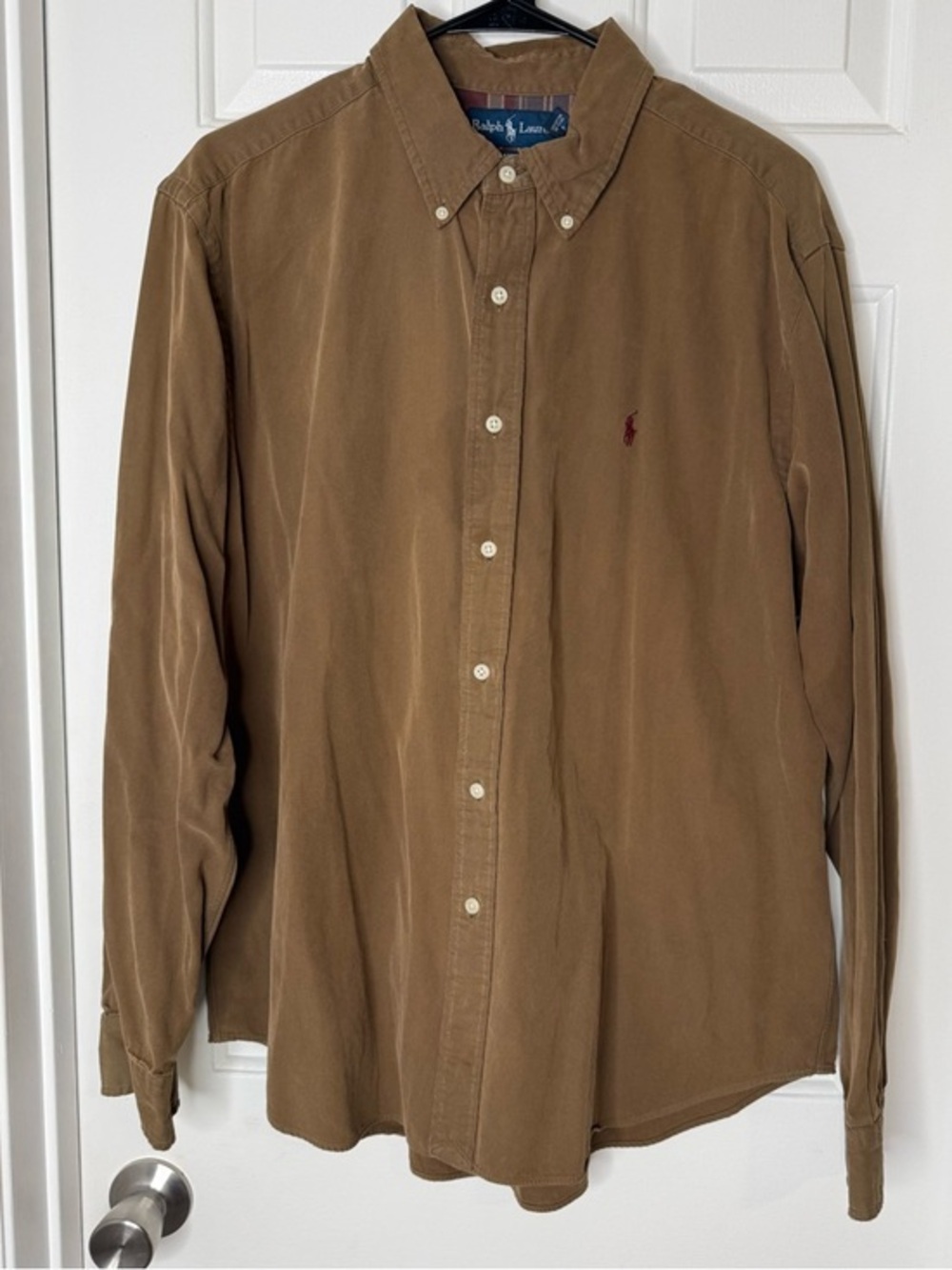 Ralph Lauren Men's Brown Long-Sleeve Button-Down Shirt with Red Polo Logo
